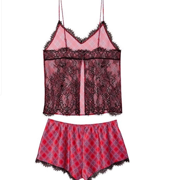 NWT Victoria’s Secret 2 Pc M L XL LUXE SATIN Stretch Lace Back Cami Set Plaid - Picture 4 of 4